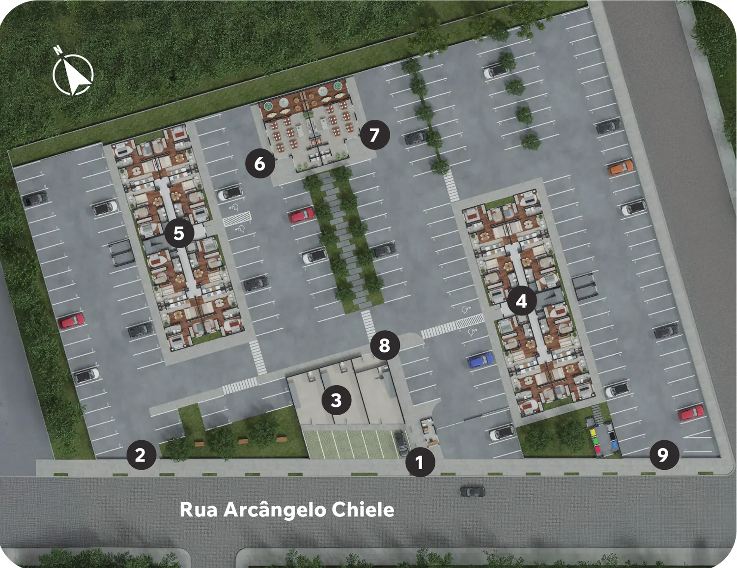 Implantação do São Luiz Residencial com as duas torres, salões, micro market, lojas e acessos pela Rua Arcângelo Chiele