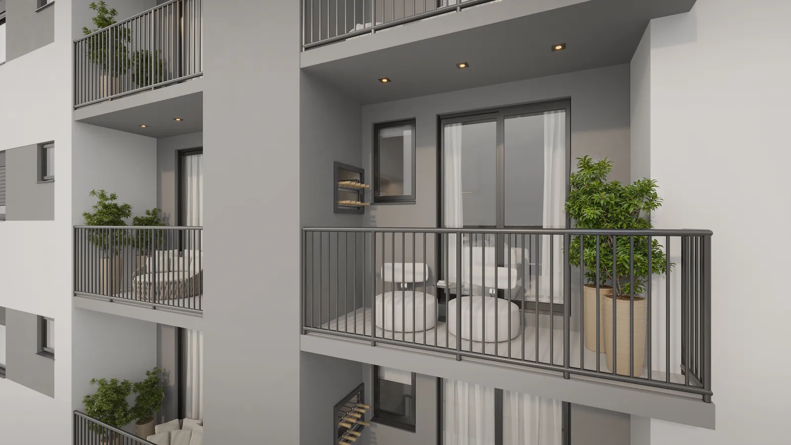 Fachada com sacadas e churrasqueiras dos apartamentos